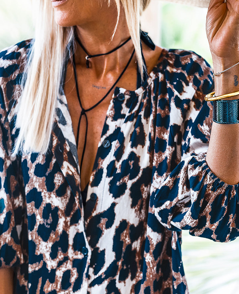 Leopard Puff Sleeve Buttons Front Shirt Dress