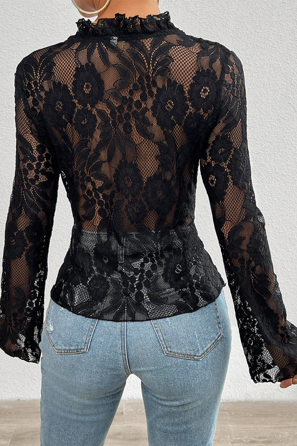 Frilly Tie Front See-Through Floral Lace Blouse