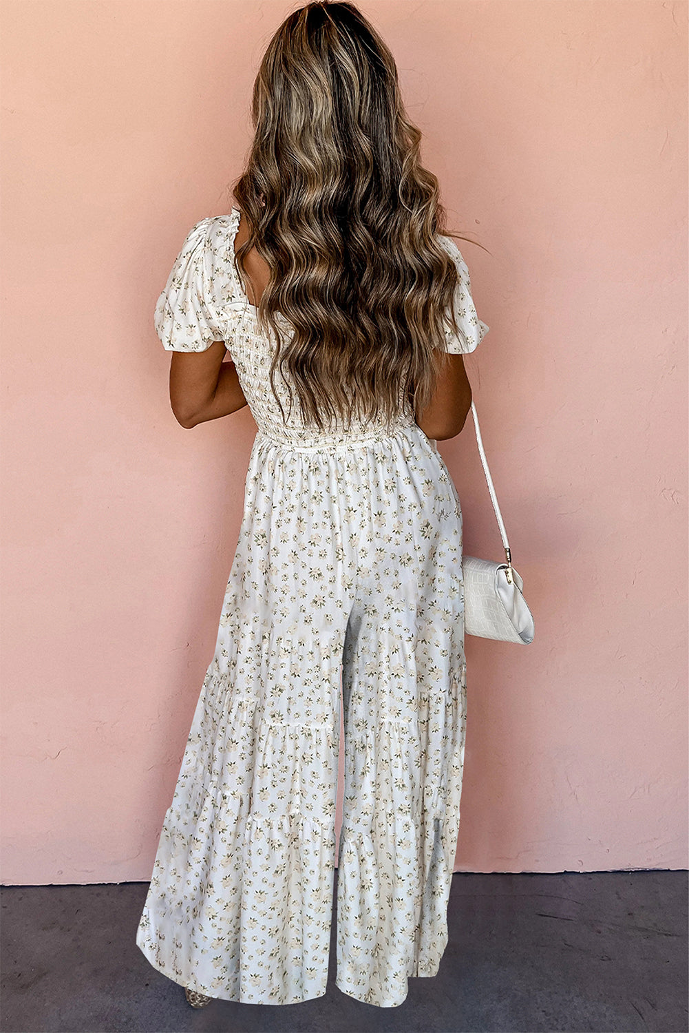 Floral Smocked Wide Leg Short Puff Sleeve Jumpsuit