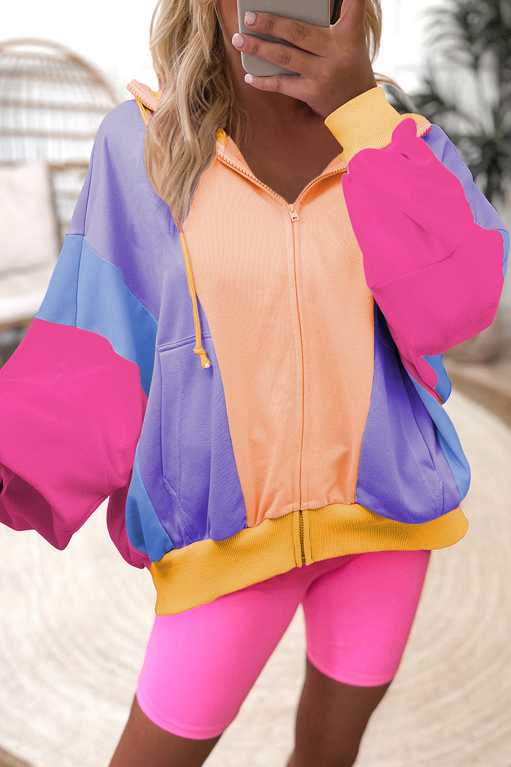 Oversized Colorblock Patchwork Full Zipped Hoodie