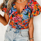 Floral Print Puff Sleeve Ruched V Neck Blouse