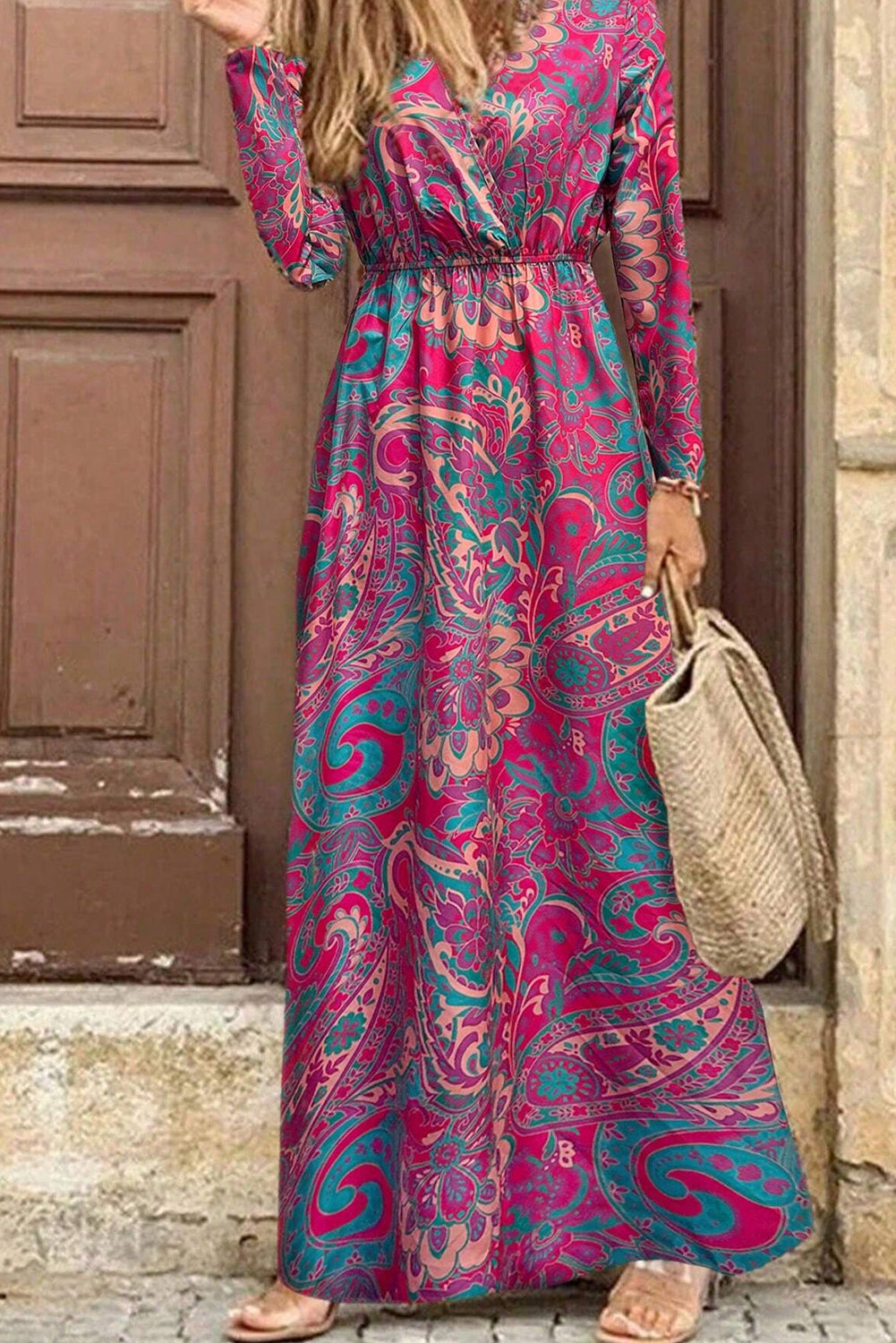 Floral Print V Neck Wrap High Waist Maxi Dress