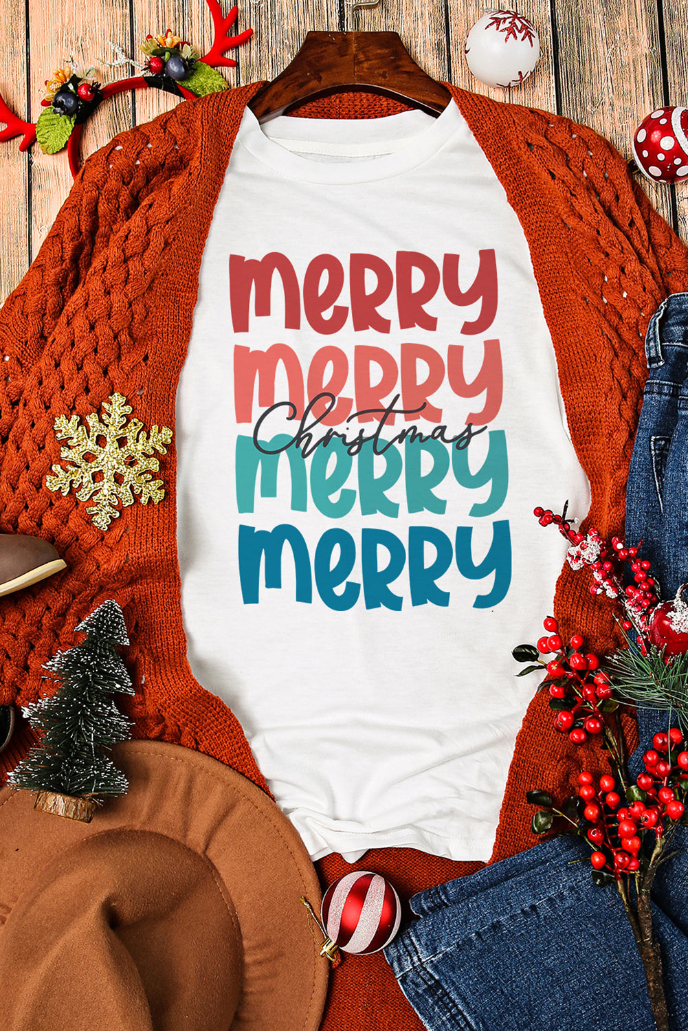 Merry Christmas Letter Print Crew Neck T Shirt