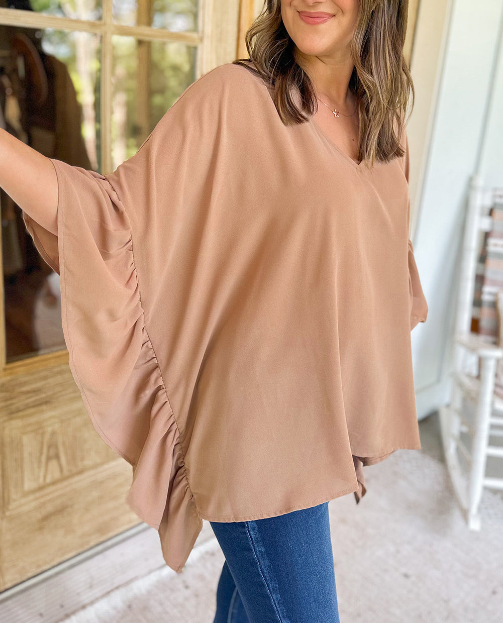 Plus Size Ruffled Batwing Sleeve V Neck Blouse