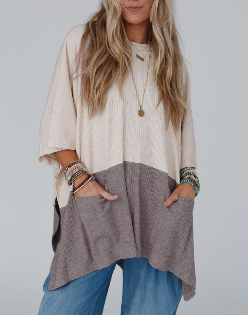 Color Block Ribbed Knit Split Side Poncho