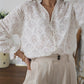Fanshaped Lace Hollow out Split Neck Puff Sleeve Blouse
