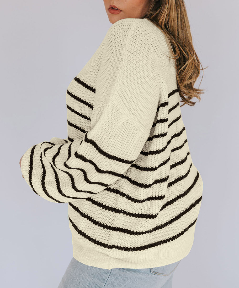 Plus Size Striped Drop Shoulder Puff Sleeve Sweater