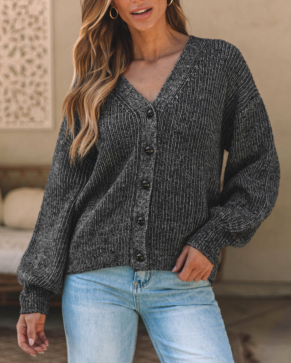 Drop Shoulder Puff Sleeve Buttoned V Neck Cardigan