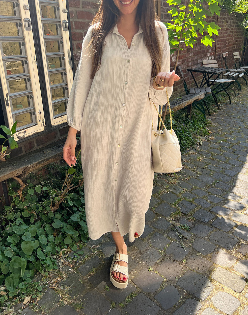 Textured Turn Down Collar Long Shirt Dress