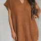 Solid Color Short Sleeve Notched V Neck Sweater Dress