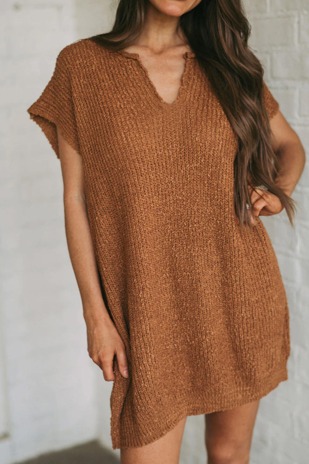 Solid Color Short Sleeve Notched V Neck Sweater Dress