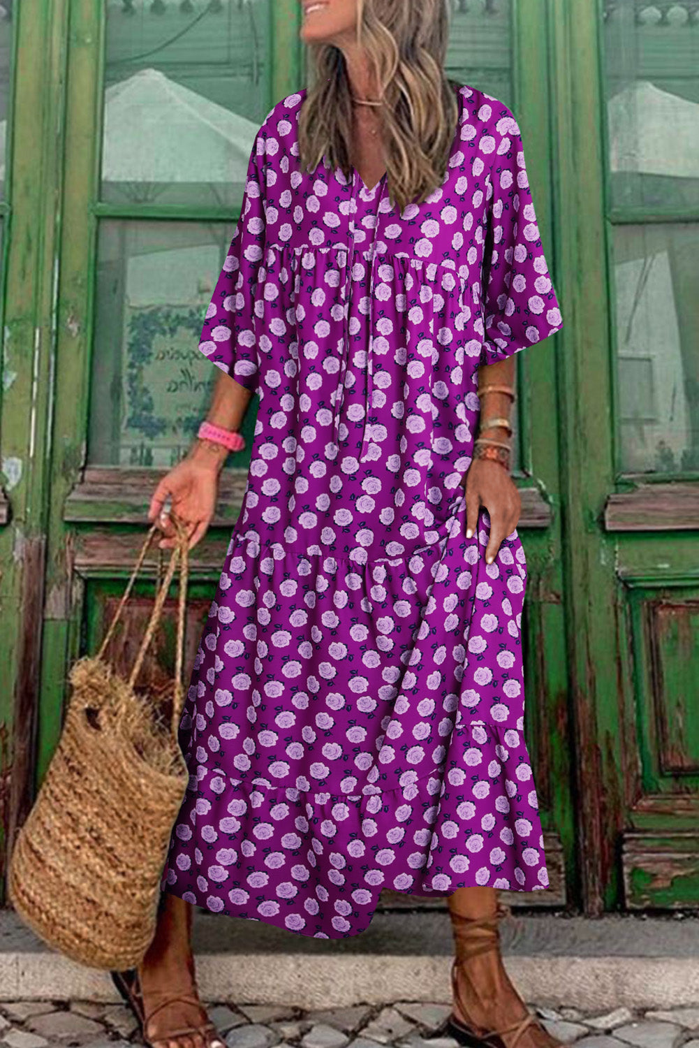 Boho Printed Puff Sleeve Maxi Dress