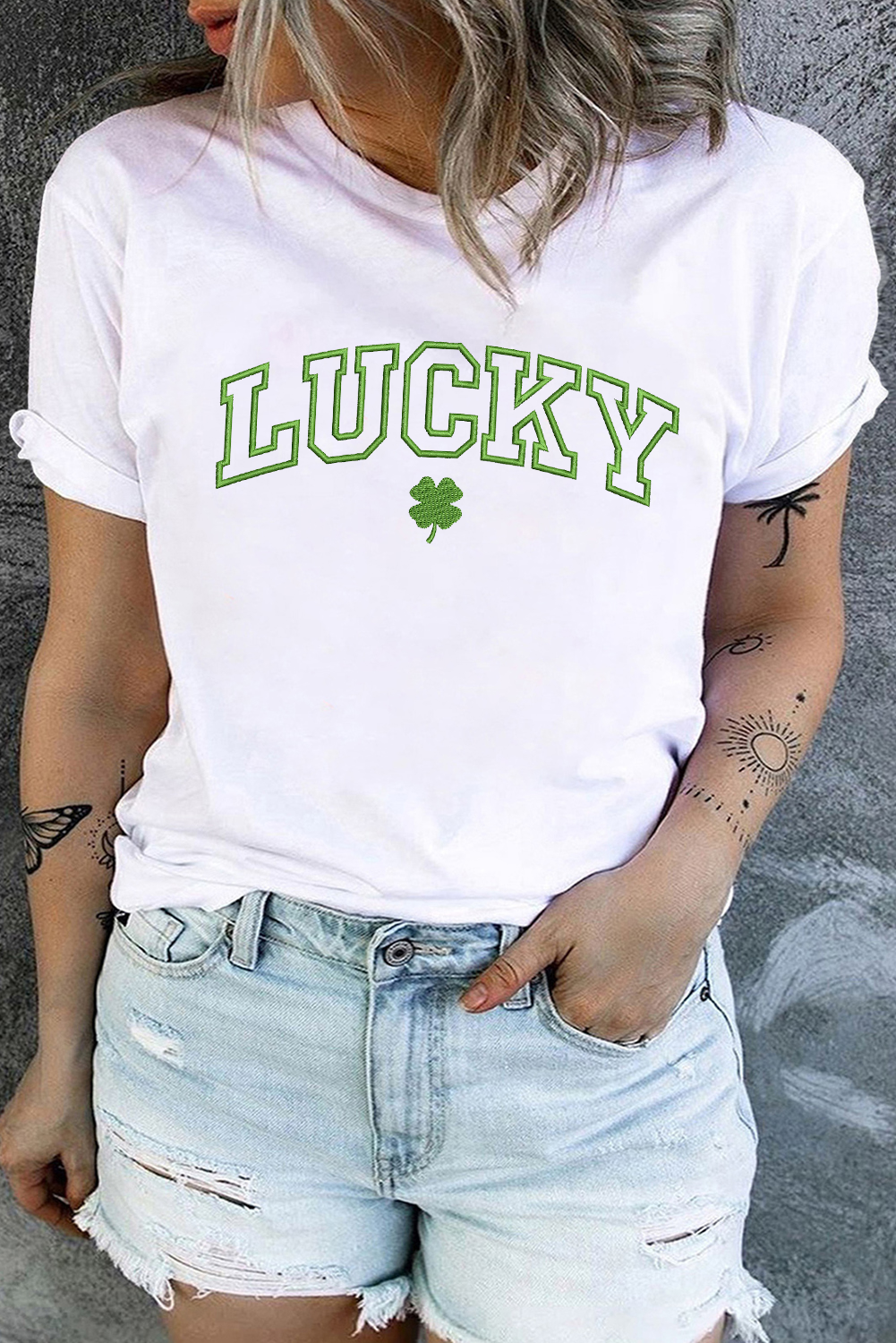 Plus Size LUCKY Clover Embroidered Graphic Tee