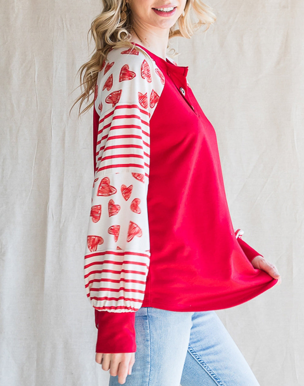 Heart Striped Raglan Sleeve Henley Top