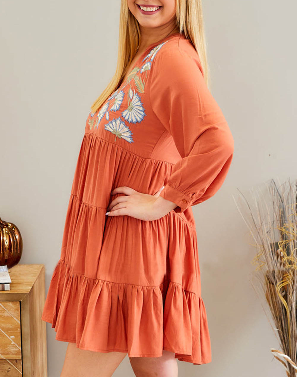 Orange Embroidered Tiered Ruffle Dress