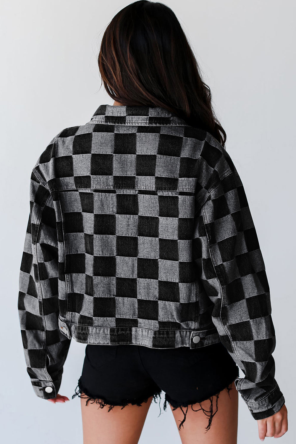 Checkered Patchwork Button up Denim Jacket