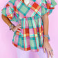 Colorful Plaid V Neck Ruffled Short Sleeve Babydoll Top
