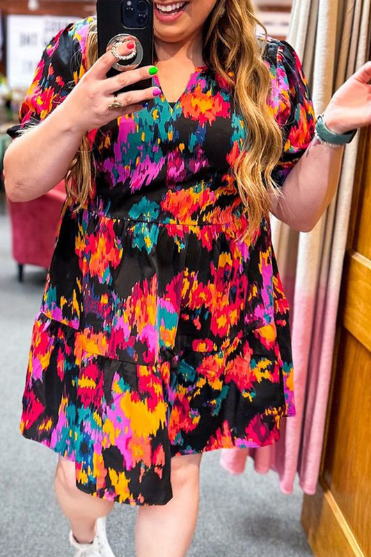 Abstract Print Split Neck Tiered Plus Size Dress