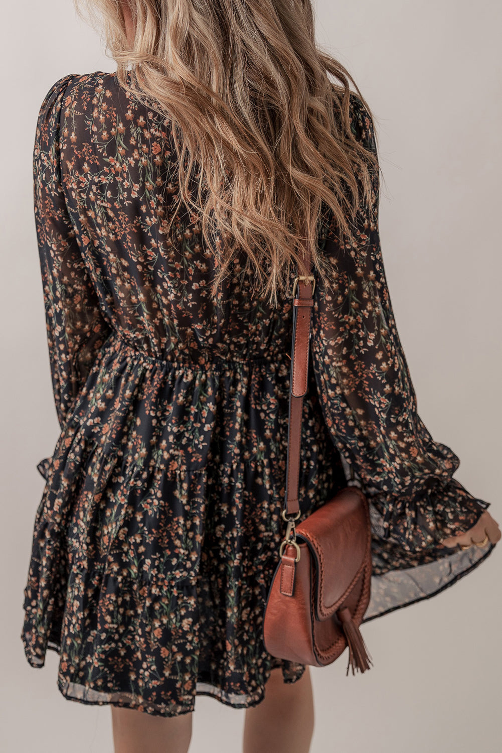 Floral Print V Neck Ruffled Puff Sleeve Mini Dress
