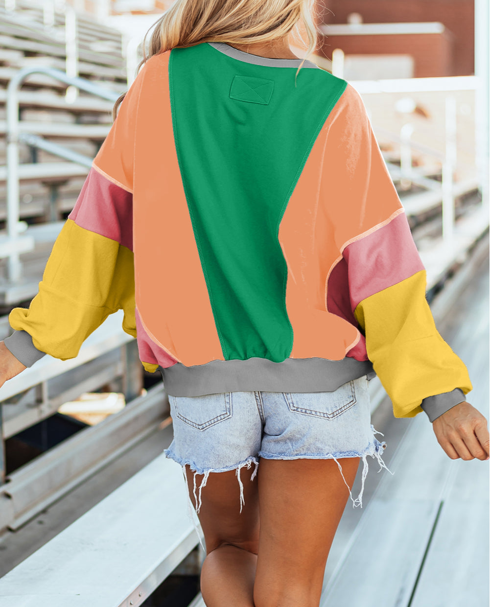 Colorblock Patchwork Exposed Stitching Oversize Top