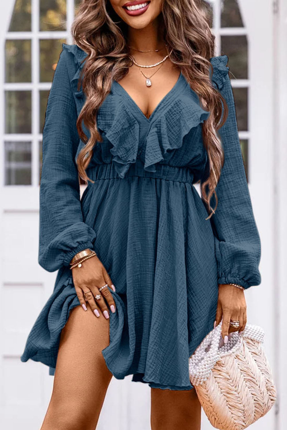 Textured Ruffled V Neck High Waist Mini Dress
