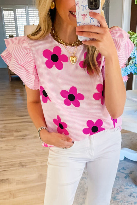 Floral Print Ruffled Flutter Sleeve Blouse