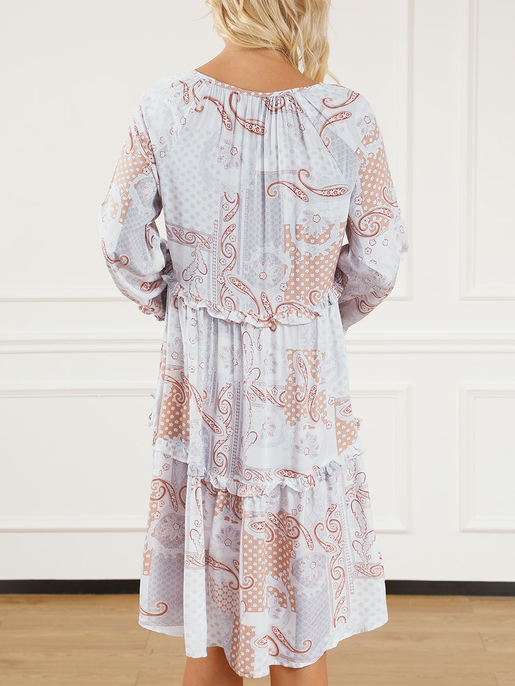 Boho Print Long Sleeve Tiered Frilled Mini Dress