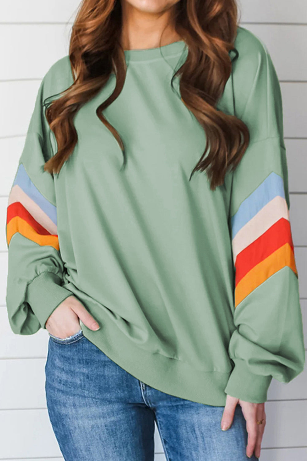 Rainbow Striped Sleeve Crew Neck Loose Sweatshirt