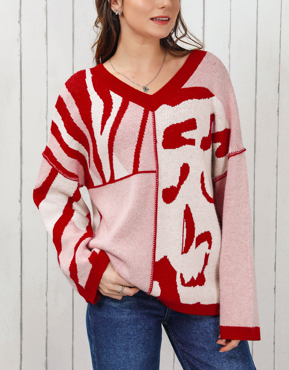 Mix Pattern Knit Ribbed Trim Oversize Sweater