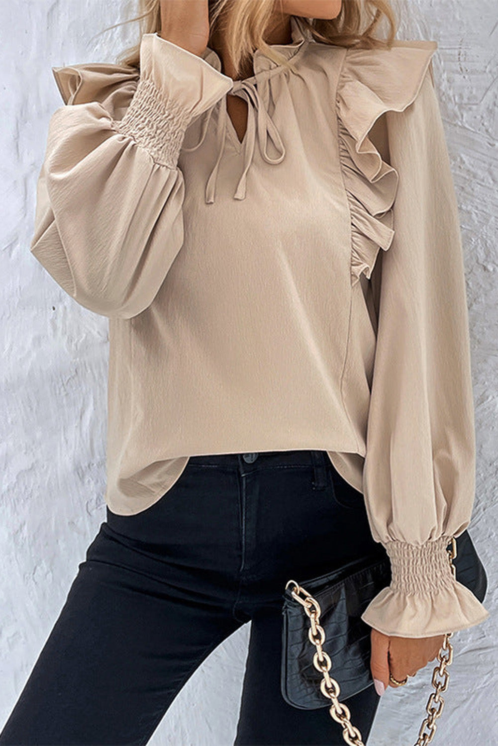 Ruffled Lace up Bubble Sleeve Blouse