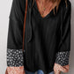 Floral Patchwork Textured Knit Drawstring V Neck Blouse