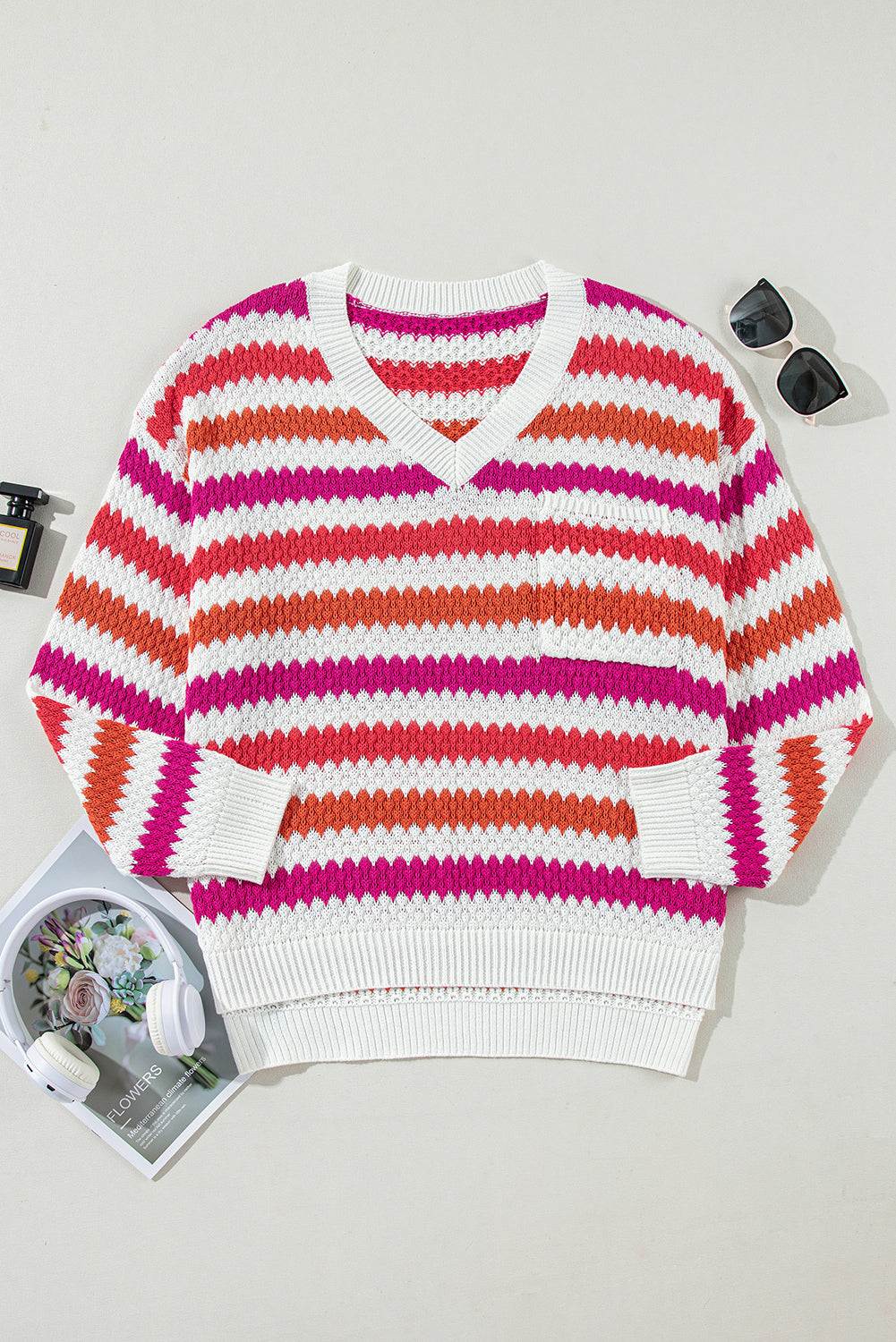 Stripe V Neck Drop Shoulder Plus Size Sweater