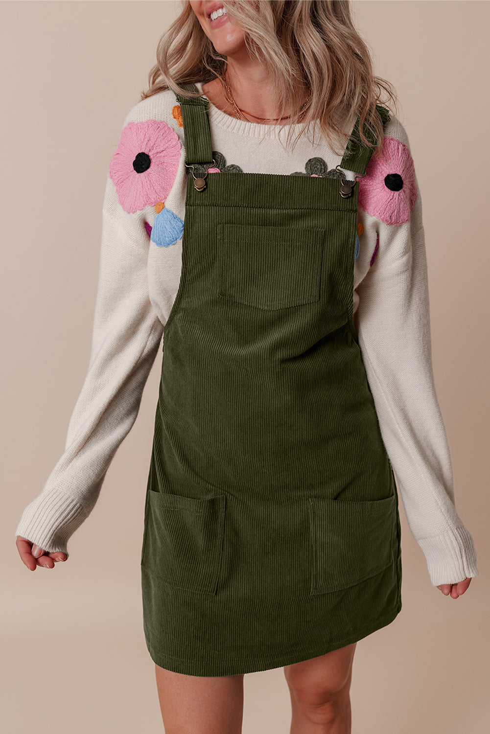 Solid Front Pockets Sleeveless Corduroy Overall Dress