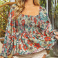 Floral Print Smocked Puff Sleeve Peplum Blouse