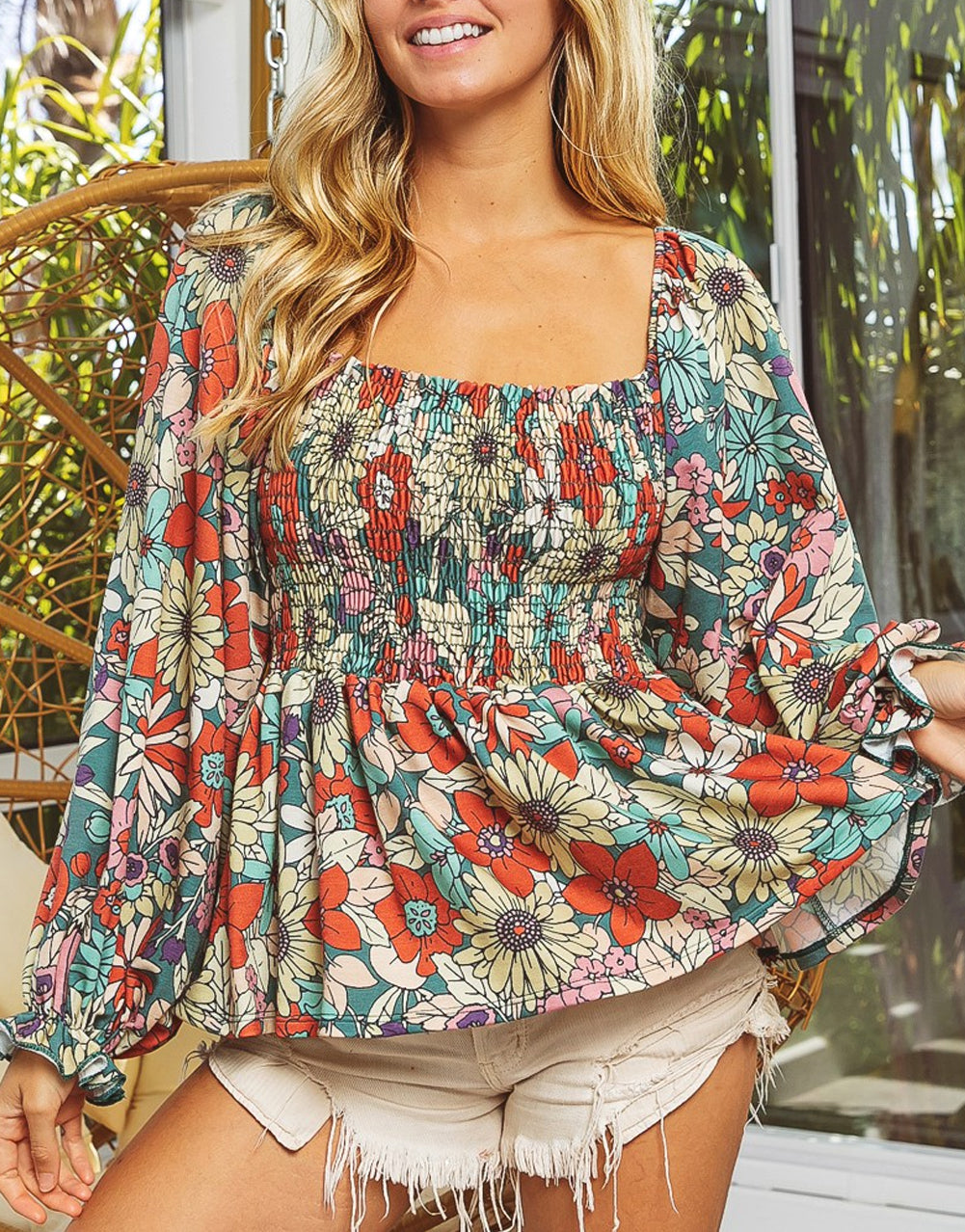 Floral Print Smocked Puff Sleeve Peplum Blouse