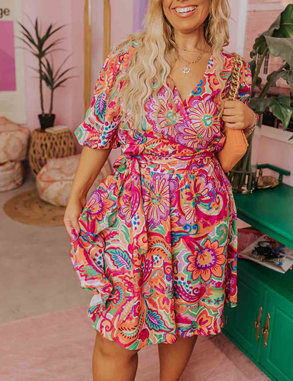 Boho Paisley Floral Print Wrap V Neck Puff Sleeve Plus Size Dress