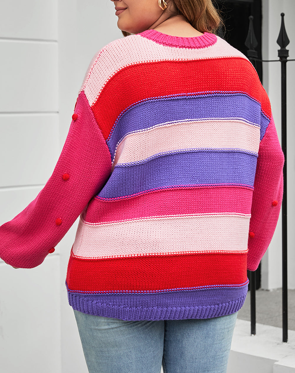 Plus Size Striped Knit Pompom Puff Sleeve Sweater