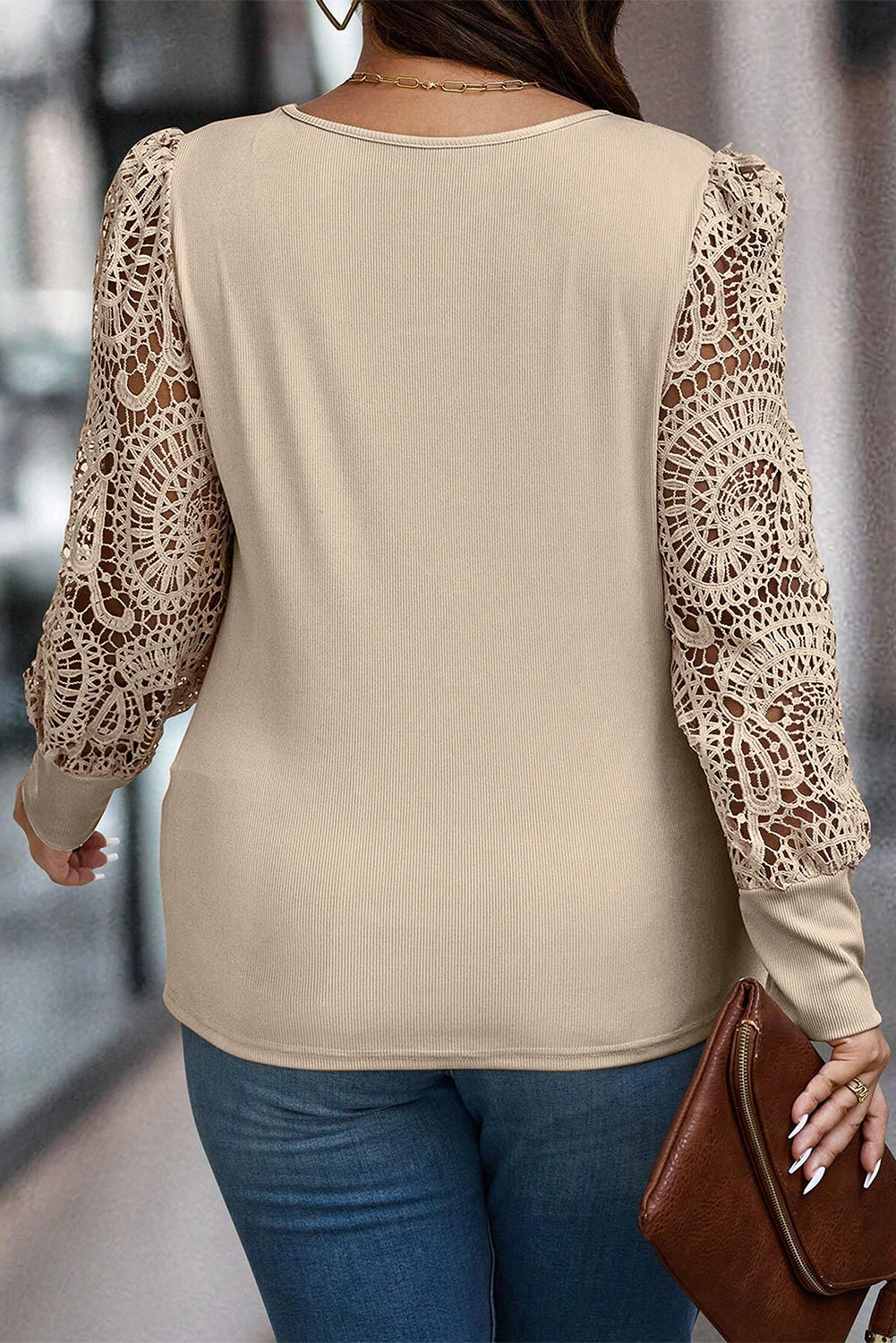 Plus Hollowed Lace Sleeve Square Neck Ribbed Top