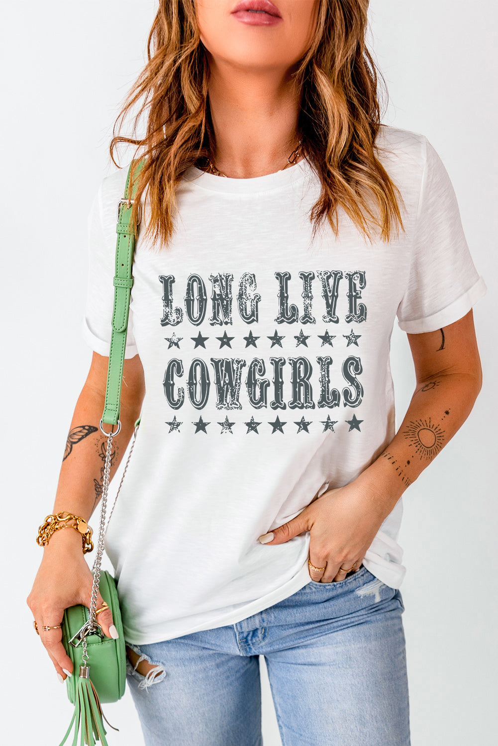 LONG LIVE COWGIRLS Star Print Round Neck T Shirt