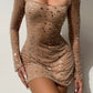 Long Sleeve Suqare Neck Rhinestone Embellished Hot Dress