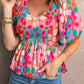 Boho Flower Print Puff Sleeve Peplum Top