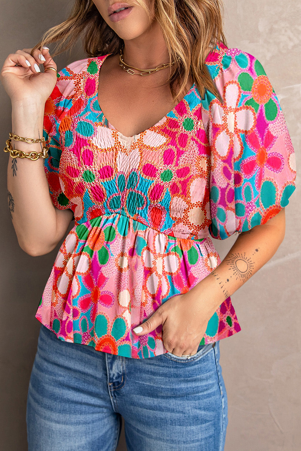 Boho Flower Print Puff Sleeve Peplum Top