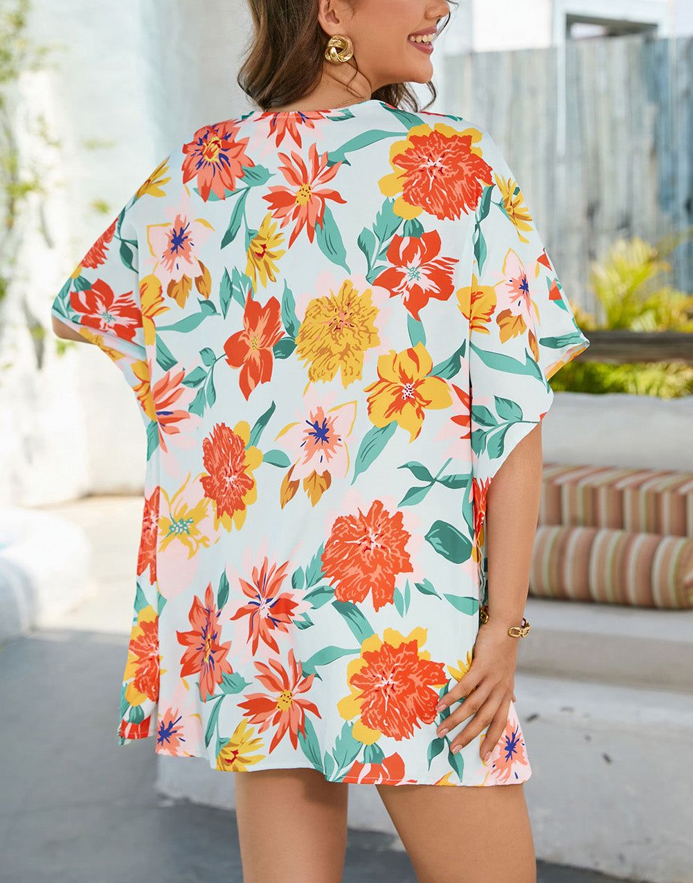 Floral Print Loose Half Sleeve V Neck T Shirt