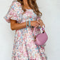 Floral Puff Sleeve Square Neck Smock Ruffled Dress