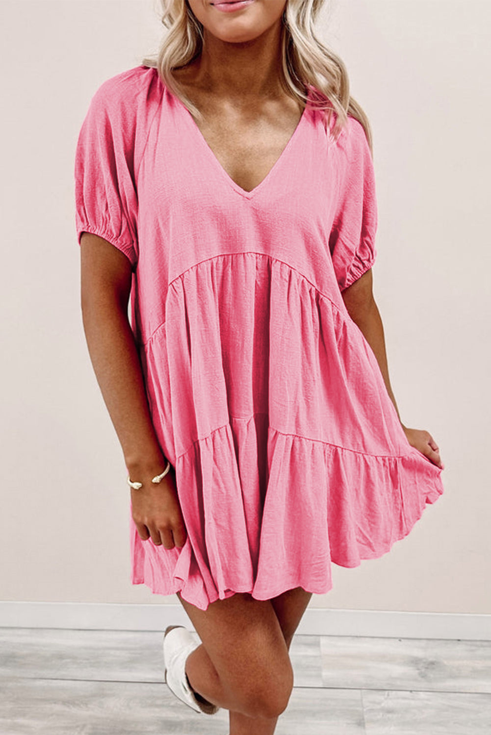 Puff Sleeve V Neck Tiered Swing Dress