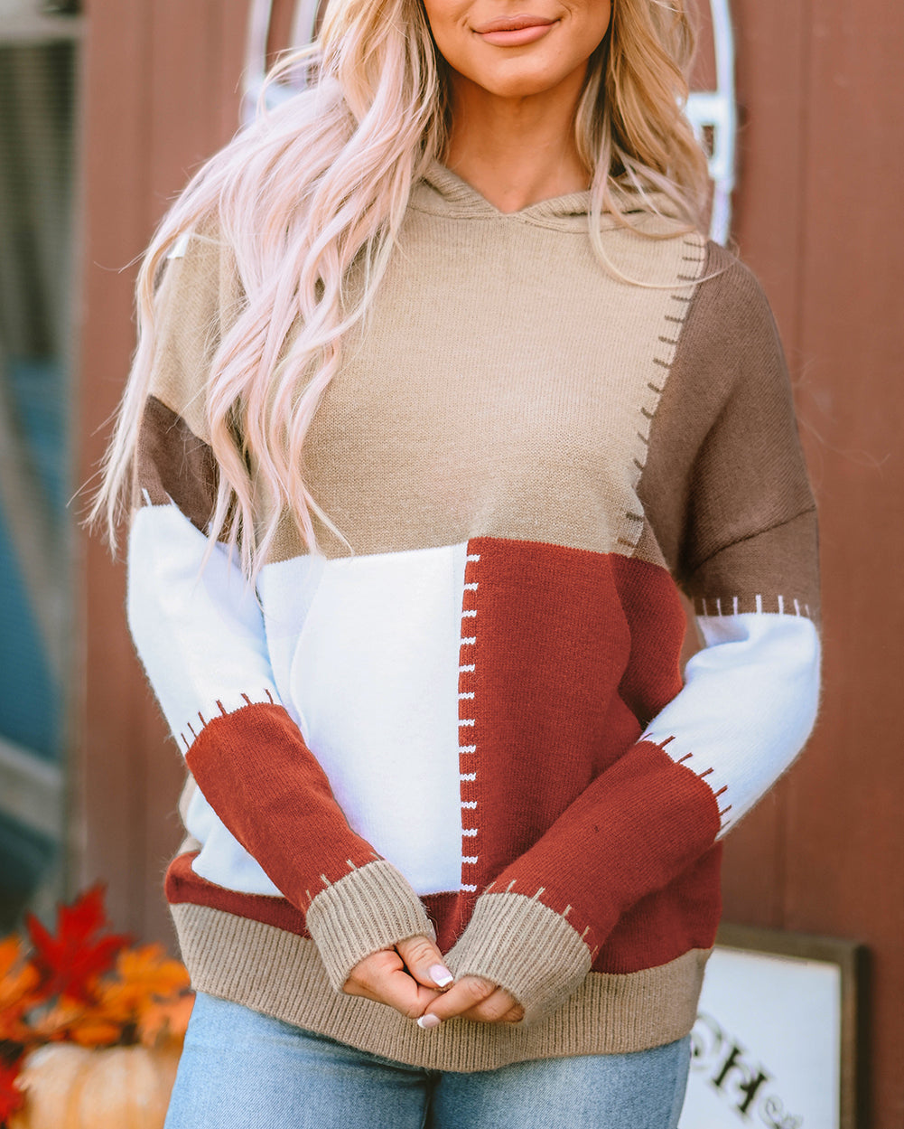 Color Block Kangaroo Pocket Hooded Sweater