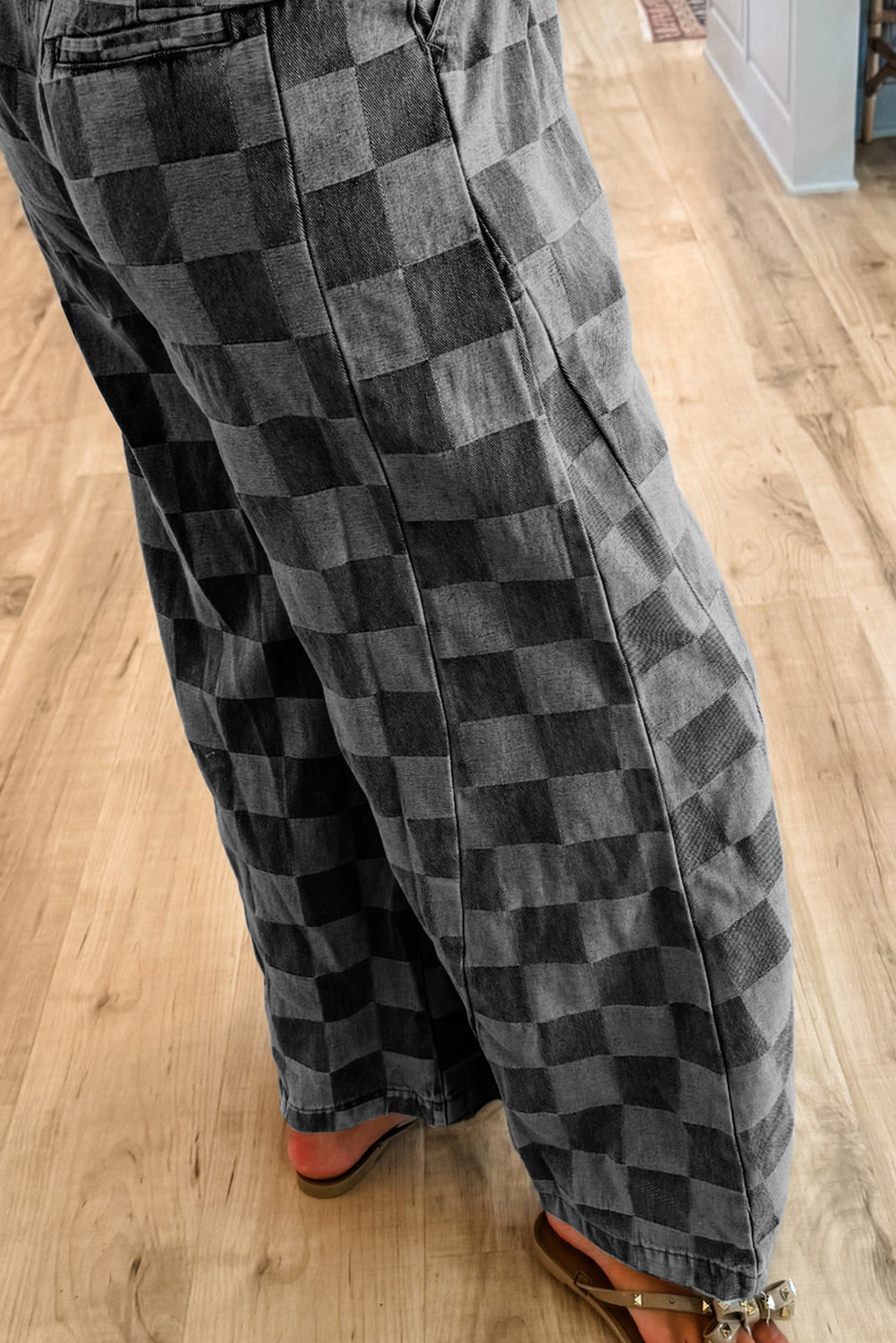 Checkered Denim Wide Leg Jeans