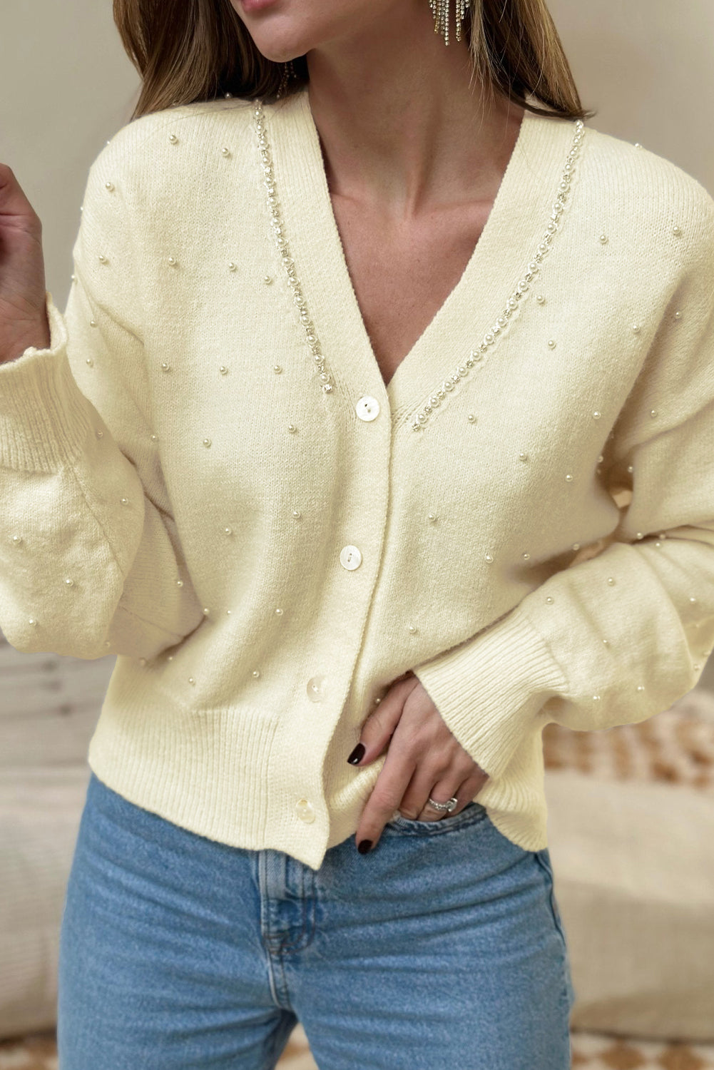Beaded Buttoned Front Knit Cardigan