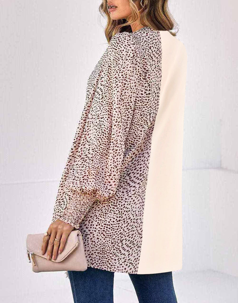 Leopard Patchwork Smocked Cuffs Open Front Cardigans