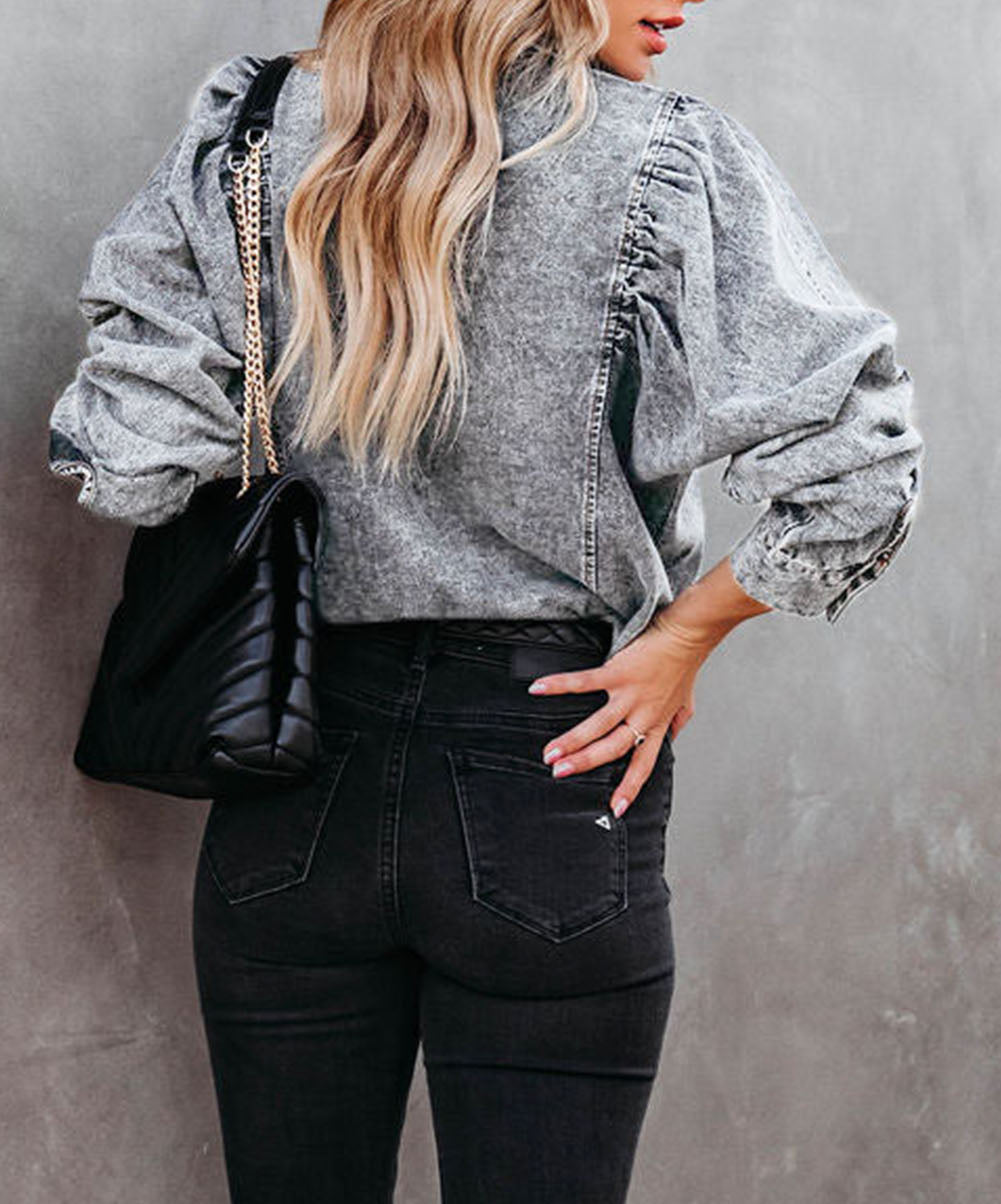 Puff Sleeve Button-Up Denim Jacket